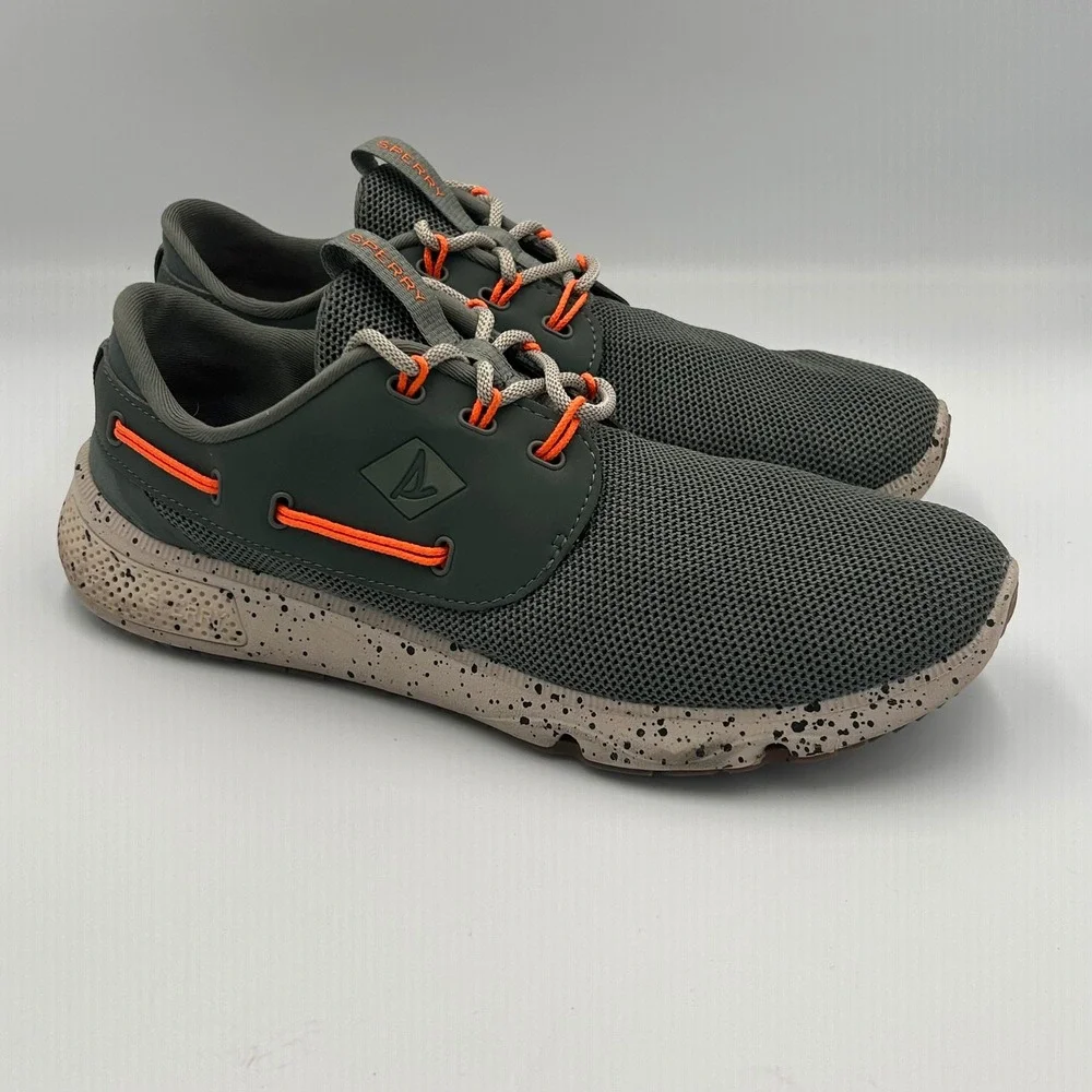 Sperry 7 SEAS 3-Eye Mens 9M Dark Green Orange Mesh Boat Shoes Sneakers STS19496
